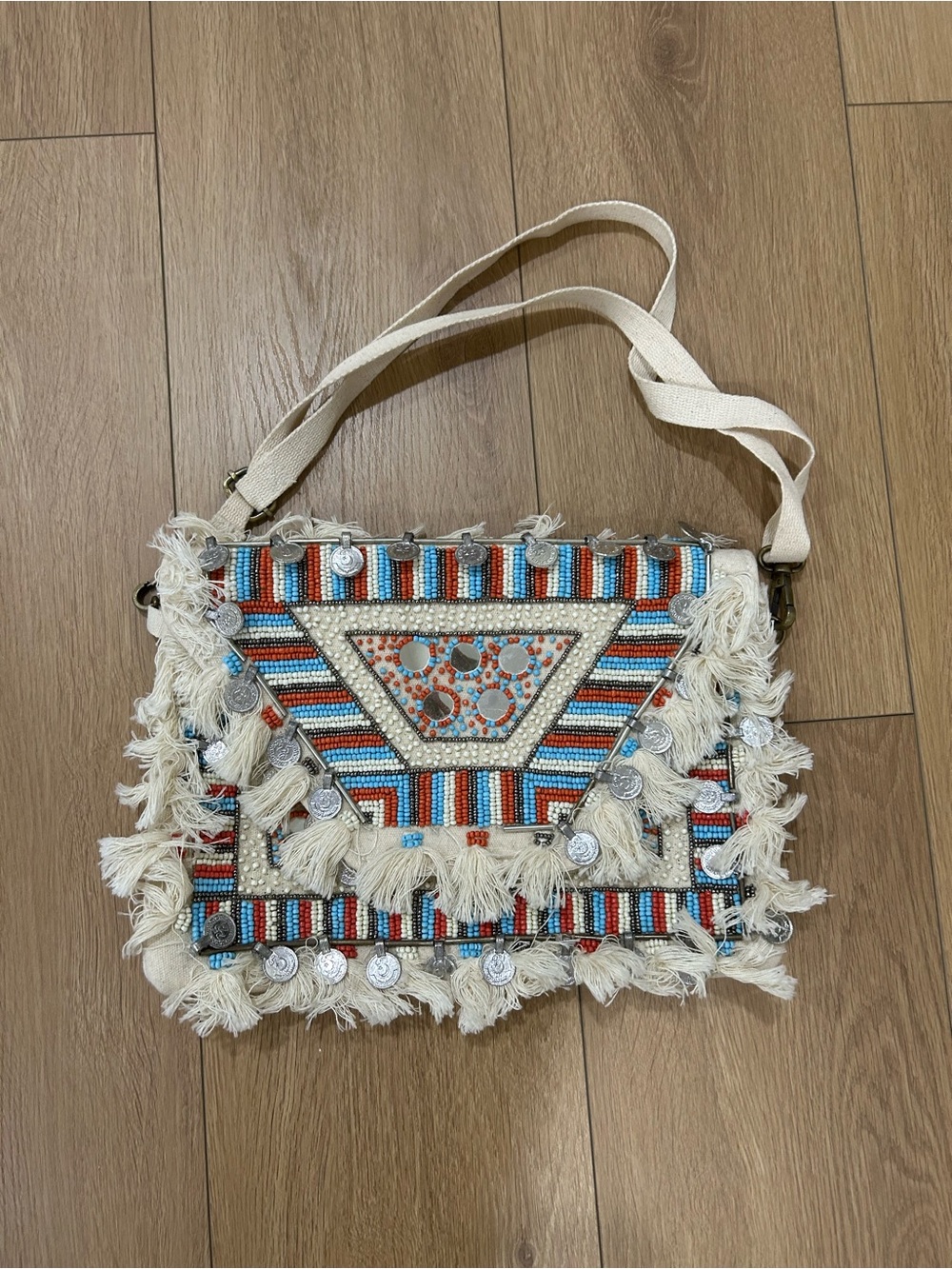 Bohemian Beaded Fringe Cluth Bag - Cream with Blue & Red Accents